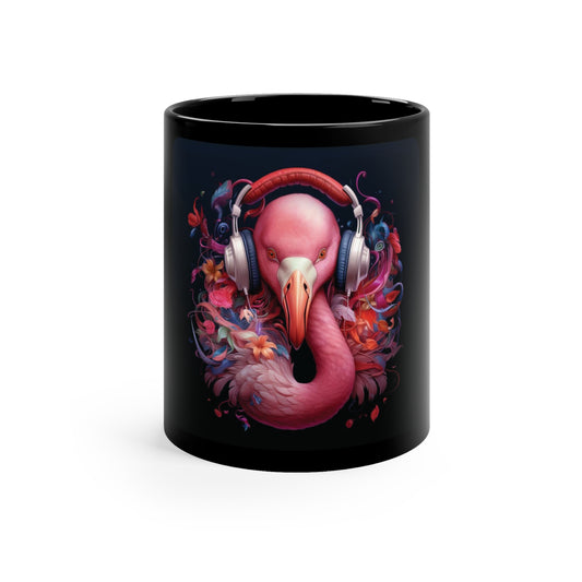 Flamingo Headphones | 11oz Black Mug