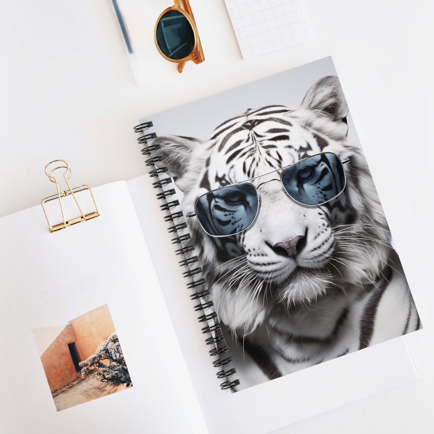 Tiger White Sunglasses | Spiral Notebook - Ruled Line