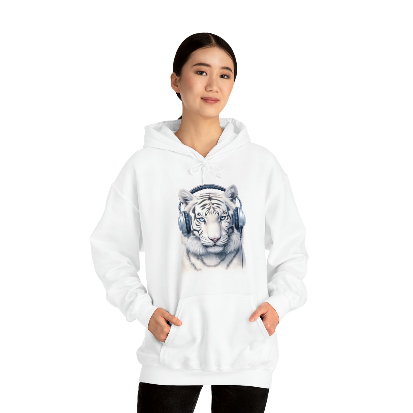 Tiger White Headphones | Unisex Heavy Blend™ Hooded Sweatshirt